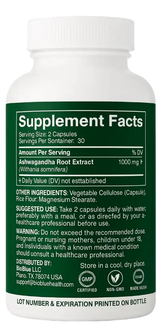 BioBlue Ashwagandha back label